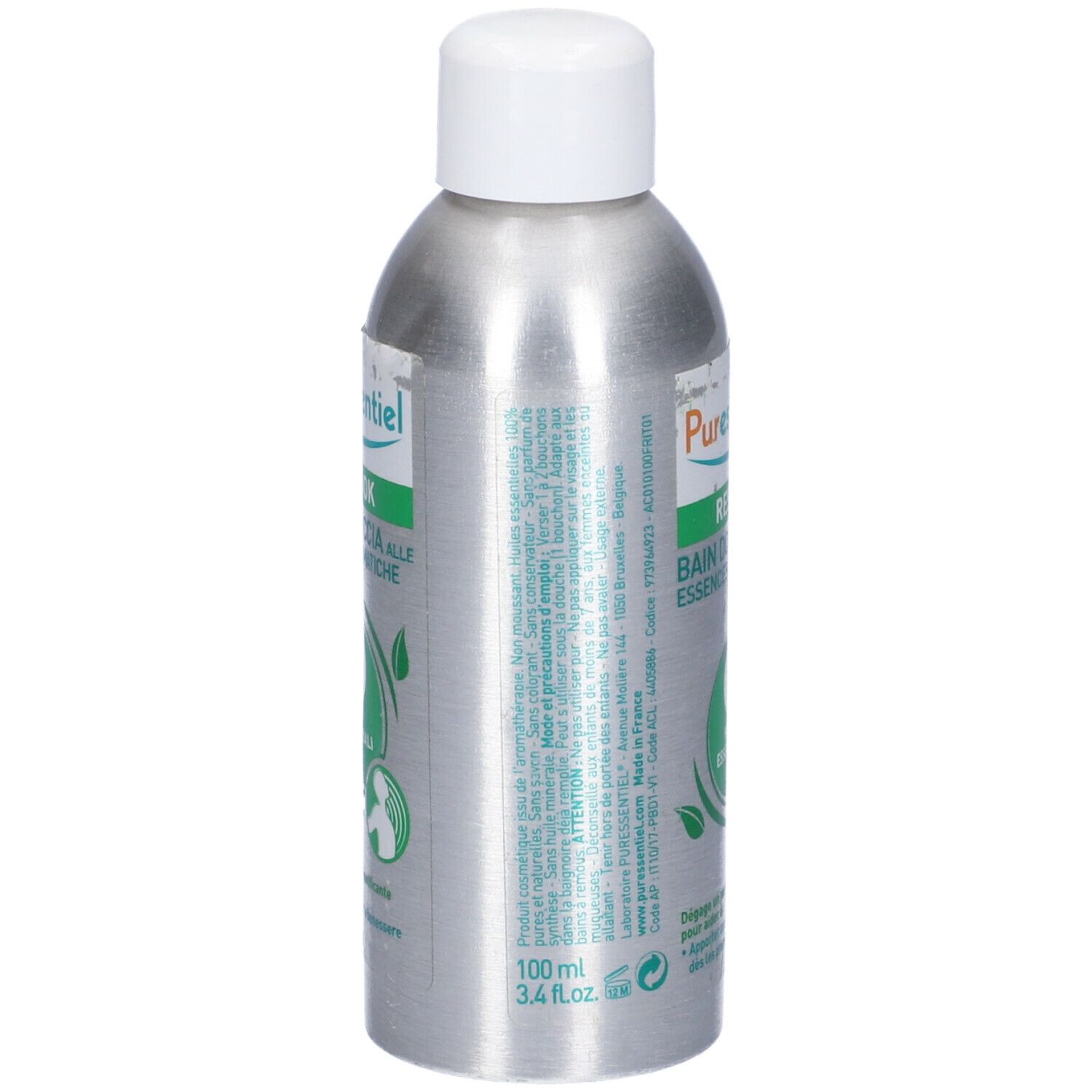 Retro flacone argento, tappo bianco. Testo: Puresentiel, RESP OK, Bagno Doccia, 19 oli essenziali. Testo e codice a barre.