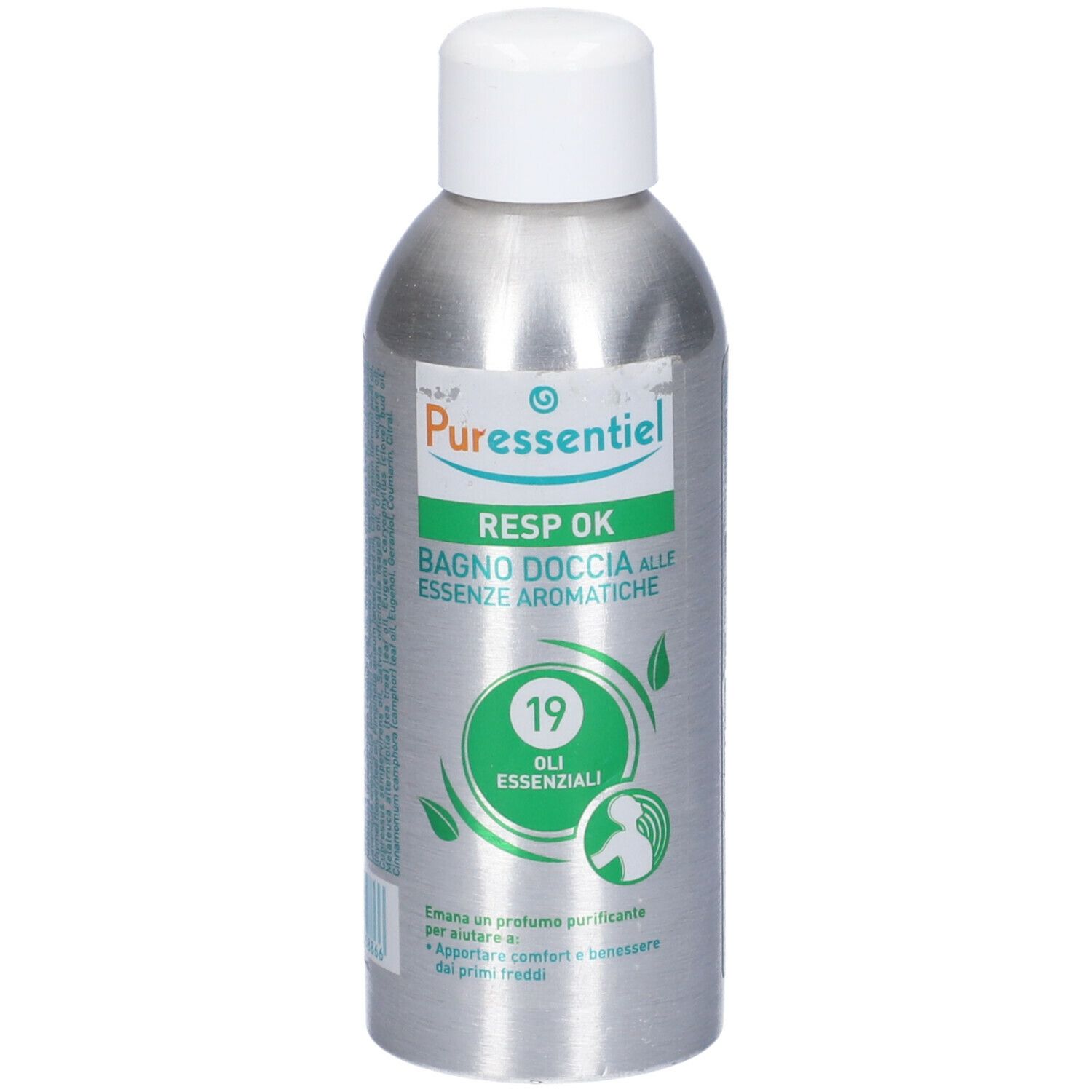Flacone argento, tappo bianco. Scritte: Puresentiel, RESP OK, Bagno Doccia, 19 oli essenziali. Illustrazione bambino.