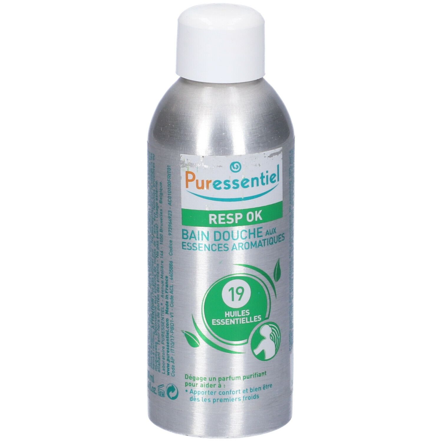 Flacone argento, tappo bianco. Scritte: Puresentiel, RESP OK, Bain Douche, 19 Huiles Essentielles. Simbolo bambino.