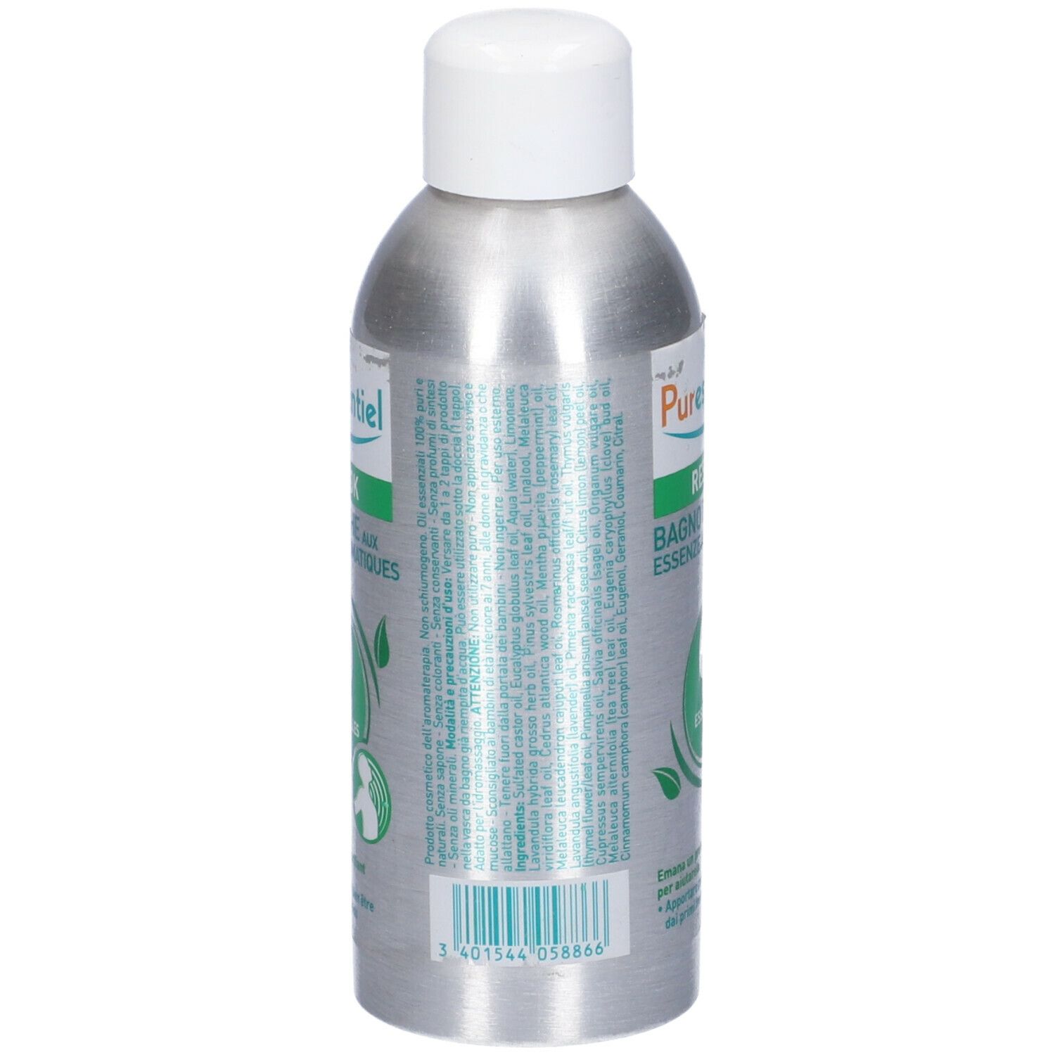 Retro flacone argento, tappo bianco. Testo: Puresentiel, RESP OK, Bain Douche, 19 Huiles Essentielles. Codice a barre.