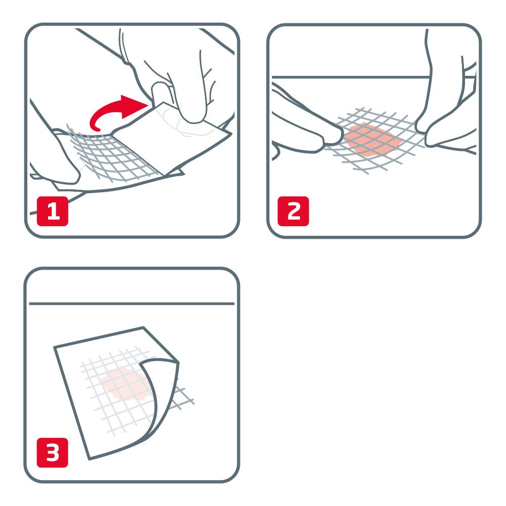 Tre passaggi per l'applicazione. Mani che applicano la garza su una ferita.