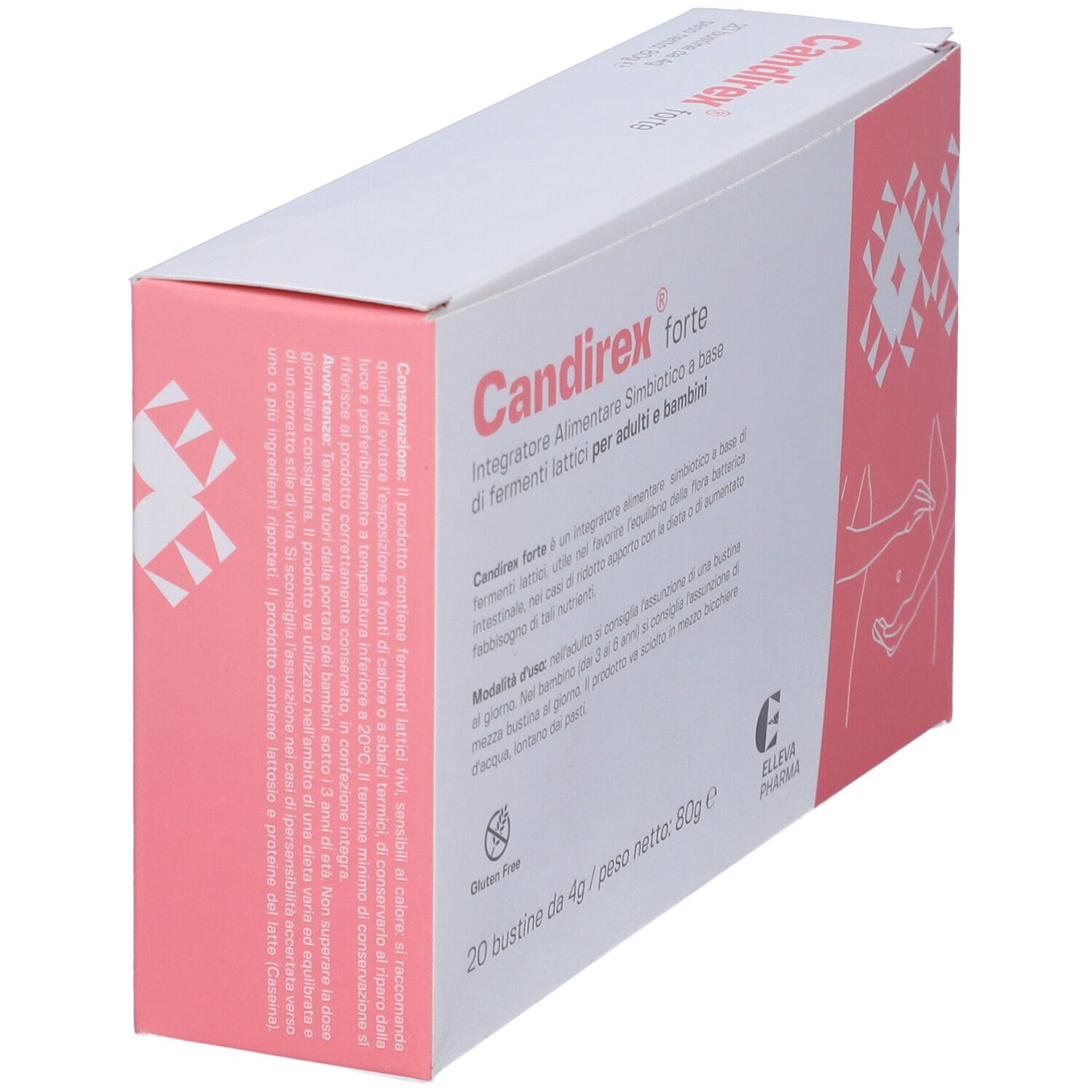 Scatola Candirex forte, in diagonale. Bianca e rosa con nome e logo del prodotto. Testo in italiano.
