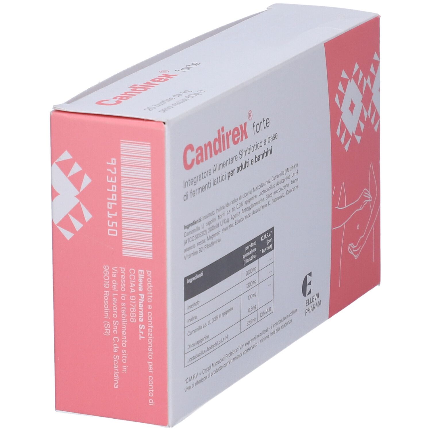 Confezione Candirex forte, in diagonale. Scatola bianca e rosa con nome e logo. Testo e codice a barre.