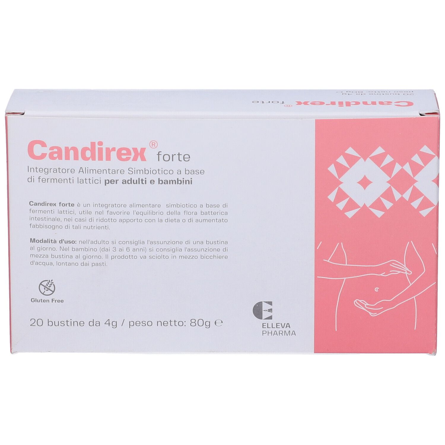 Confezione di Candirex forte. Scatola bianca e rosa con nome e logo. 20 bustine, senza glutine.