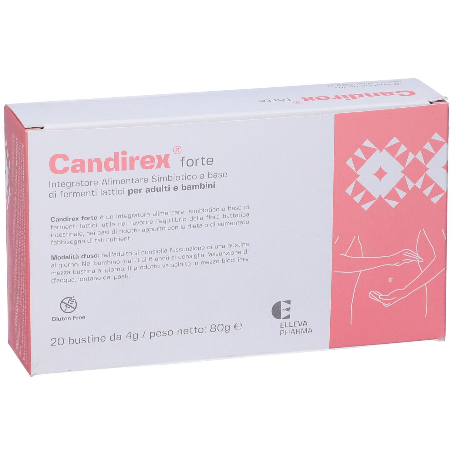 Confezione di Candirex forte. Scatola bianca e rosa con nome e logo. 20 bustine, senza glutine.
