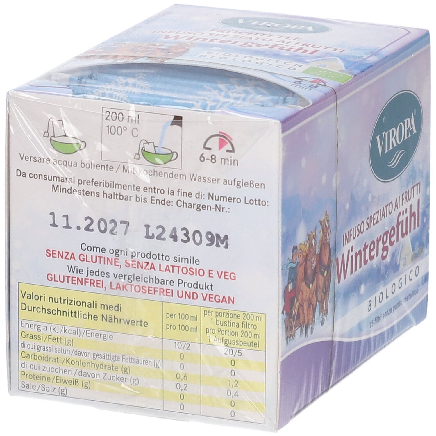 Retro confezione Viropa Wintergefuhl Infuso. Informazioni nutrizionali, data di scadenza e istruzioni. Scritta: senza glutine, senza lattosio e vegan.