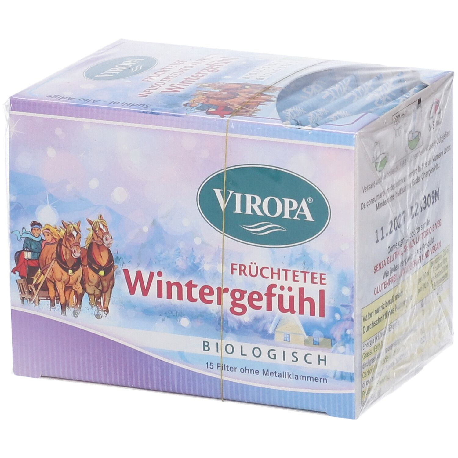 Confezione Viropa Früchtetee Wintergefuhl. Scritta: biologico, 15 filtri senza punti metallici. Immagine di slitta trainata da cavalli.
