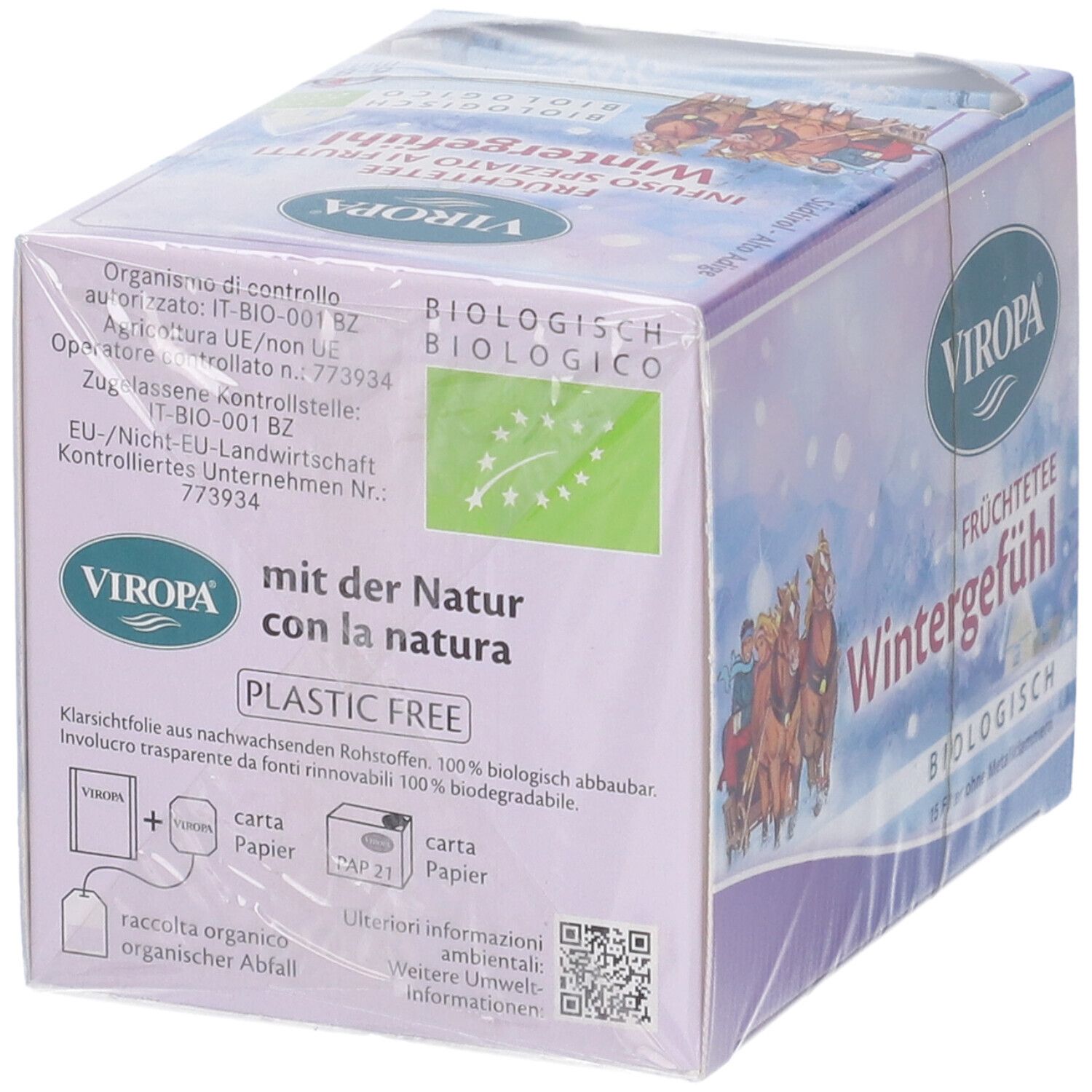 Confezione Viropa Früchtetee Wintergefuhl. Scritta: biologico, con la natura. Informazioni sull'imballaggio: plastic free, 100% biodegradabile.