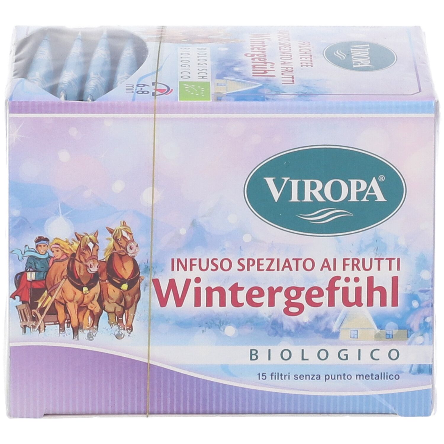 Confezione Viropa Wintergefuhl Infuso. Scritta: Infuso Speziato ai Frutti Wintergefuhl, biologico, 15 filtri senza punto metallico. Immagine di slitta.