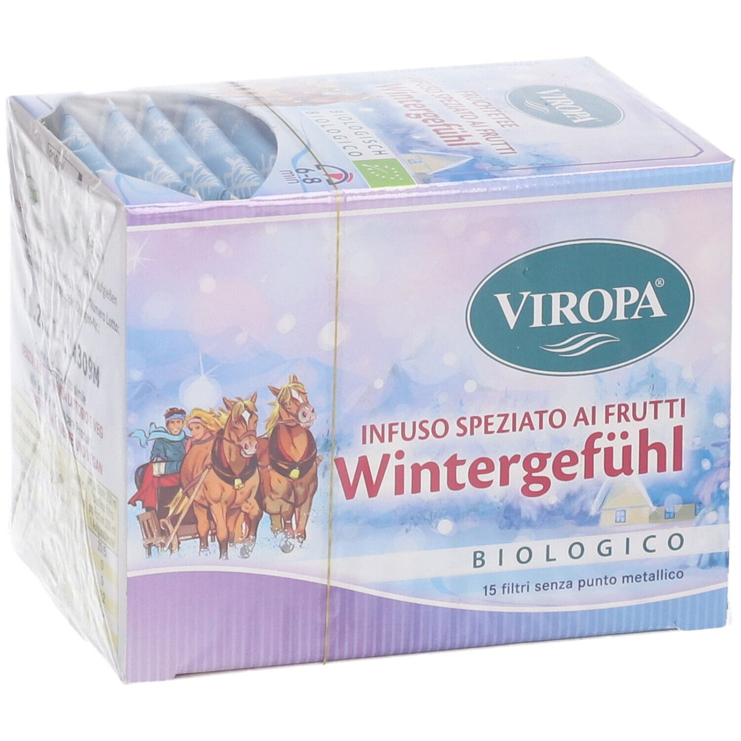 Confezione Viropa Wintergefuhl Infuso. Scritta: Infuso Speziato ai Frutti Wintergefuhl, biologico, 15 filtri senza punto metallico. Paesaggio innevato.