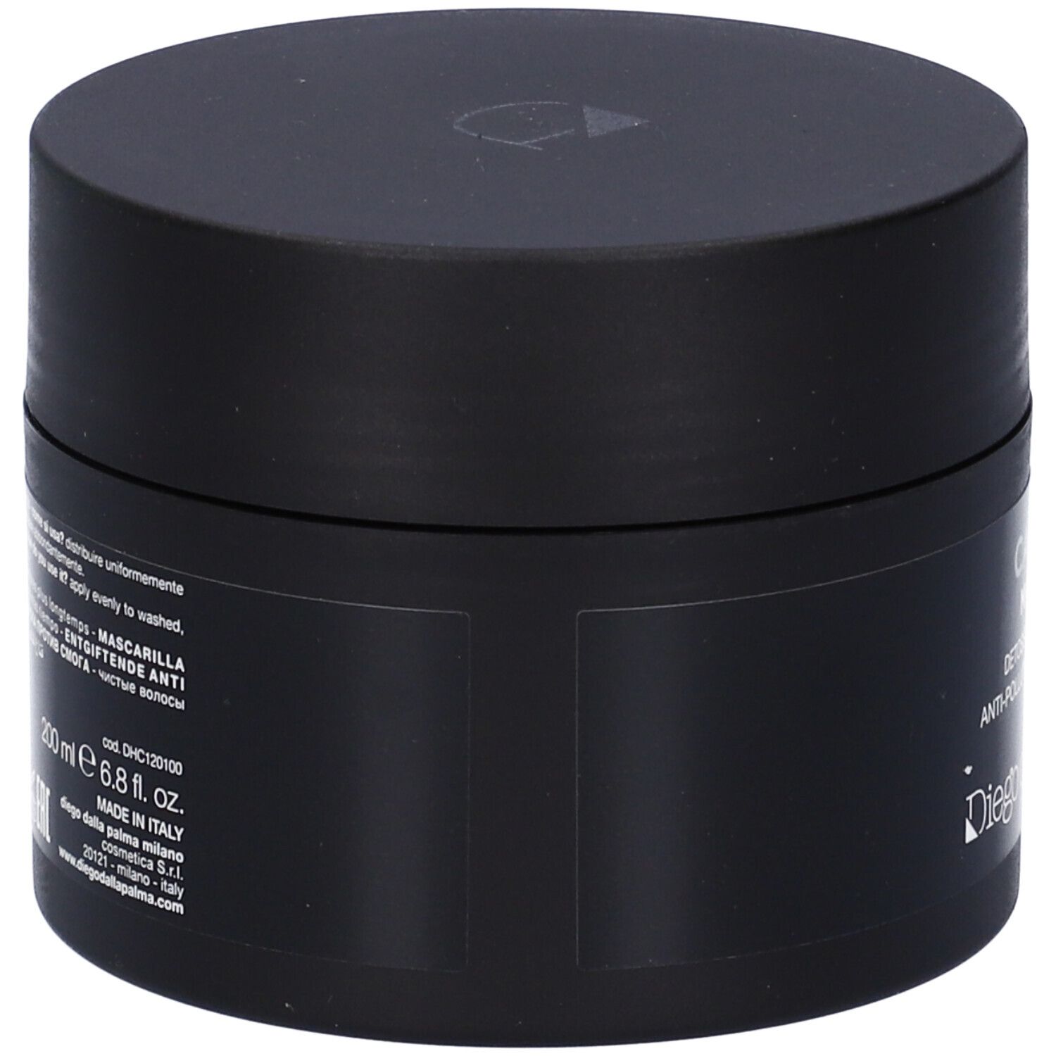 Vasetto nero con tappo a vite, 200 ml. Etichettatura in italiano e inglese.