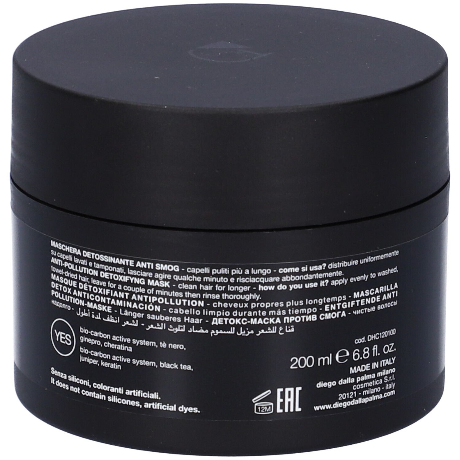 Vasetto nero da 200 ml di Maschera Detossinante Anti-Smog. Contiene bio-carbon active system, tè nero, ginepro, cheratina.