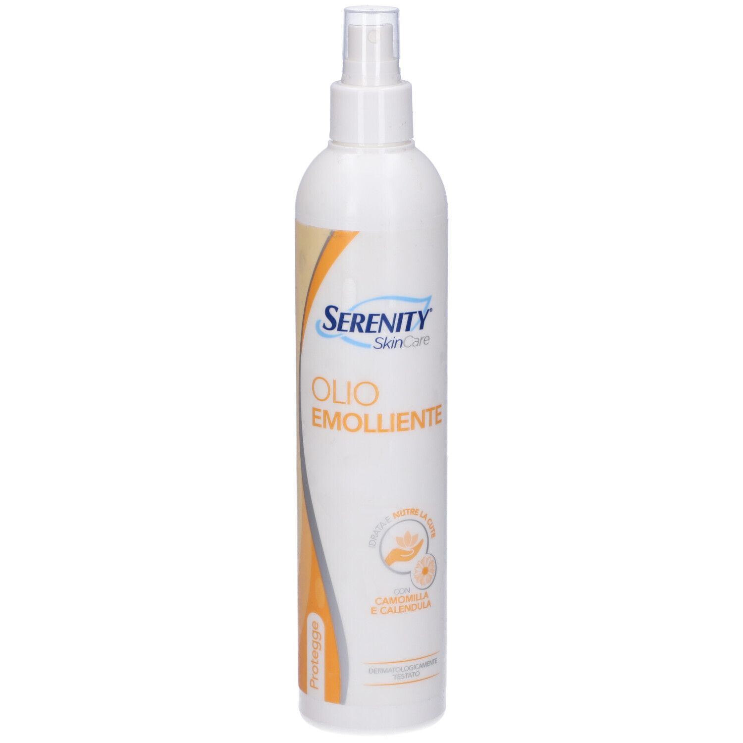 Flacone bianco con vaporizzatore. Scritta: Serenity SkinCare, Olio Emolliente. Con camomilla e calendula.