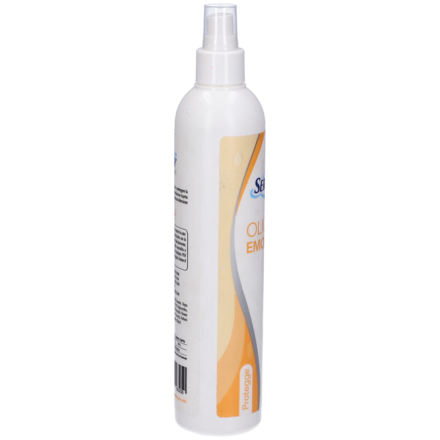 Flacone bianco con vaporizzatore. Scritta: Serenity SkinCare, Olio Emolliente. Informazioni sul retro.