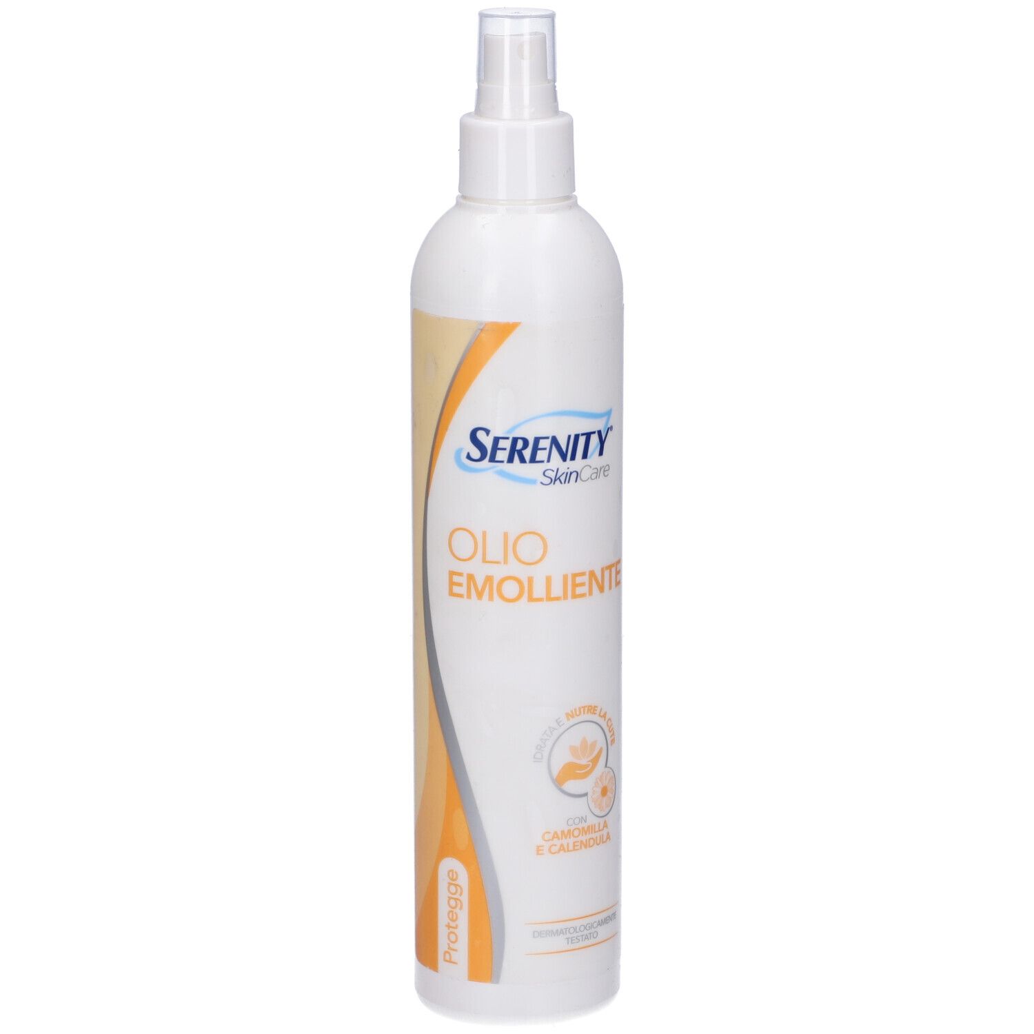 Flacone bianco con vaporizzatore. Scritta: Serenity SkinCare, Olio Emolliente. Con camomilla e calendula.