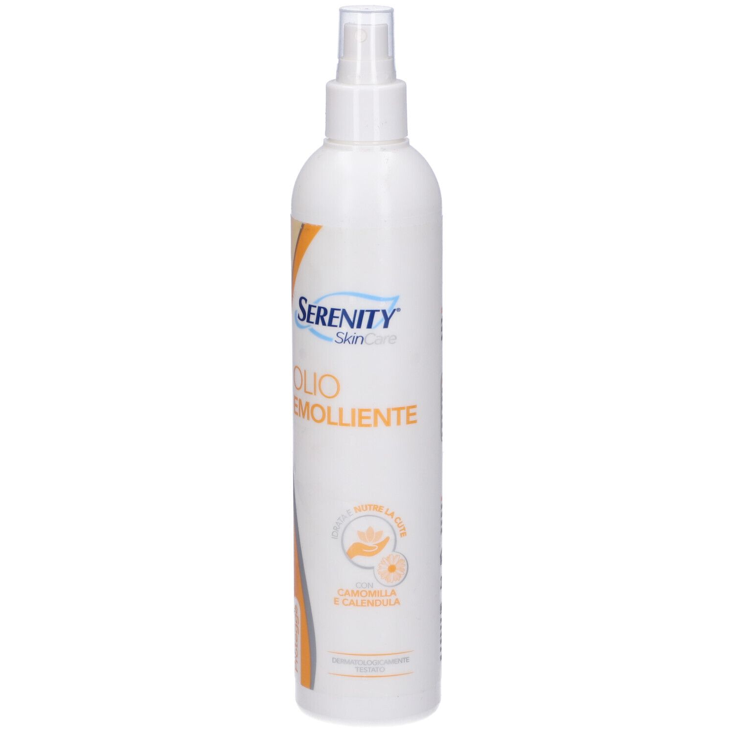 Flacone bianco con vaporizzatore. Scritta: Serenity SkinCare, Olio Emolliente. Con camomilla e calendula.