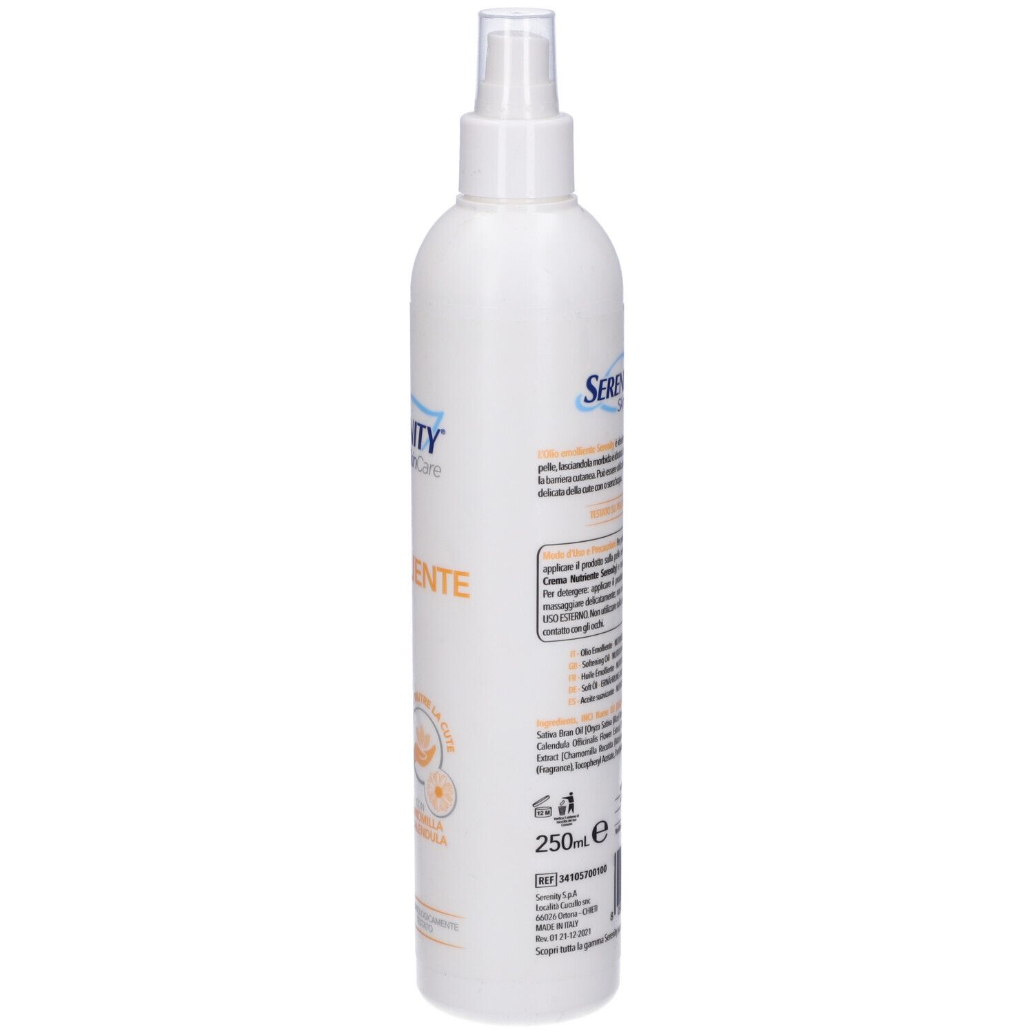Flacone bianco con vaporizzatore. Scritta: Serenity SkinCare, Olio Emolliente. Informazioni sul retro.