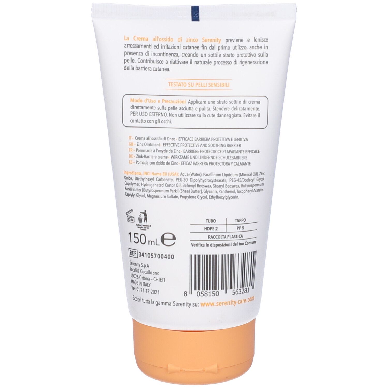 Retro del tubo crema. Testo e ingredienti. Tappo arancione. Scritta: '150 ml'.