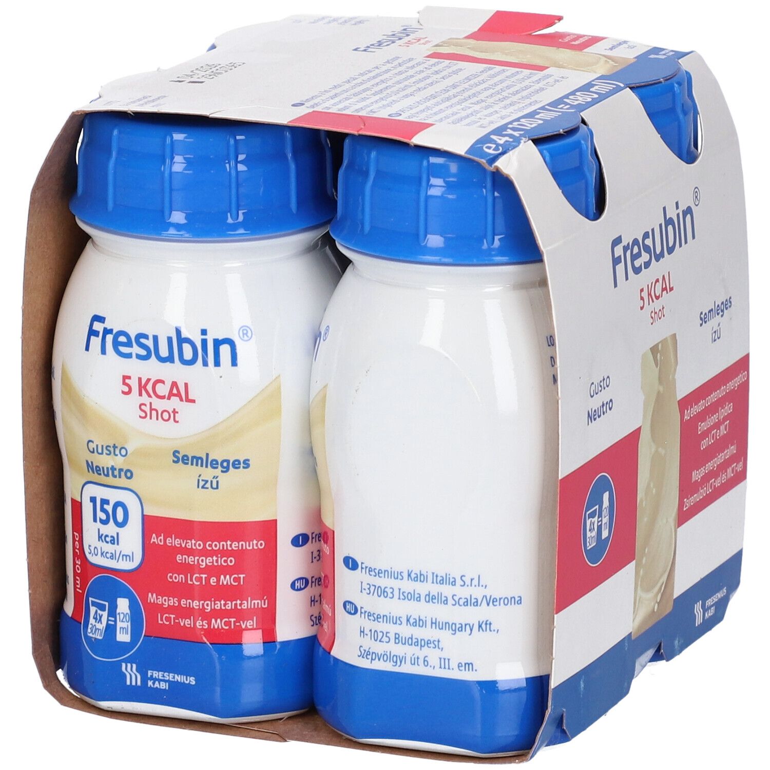 Confezione da due bottiglie Fresubin 5 kcal Shot. Tappi blu, bottiglie bianche. Confezione in cartone con informazioni.