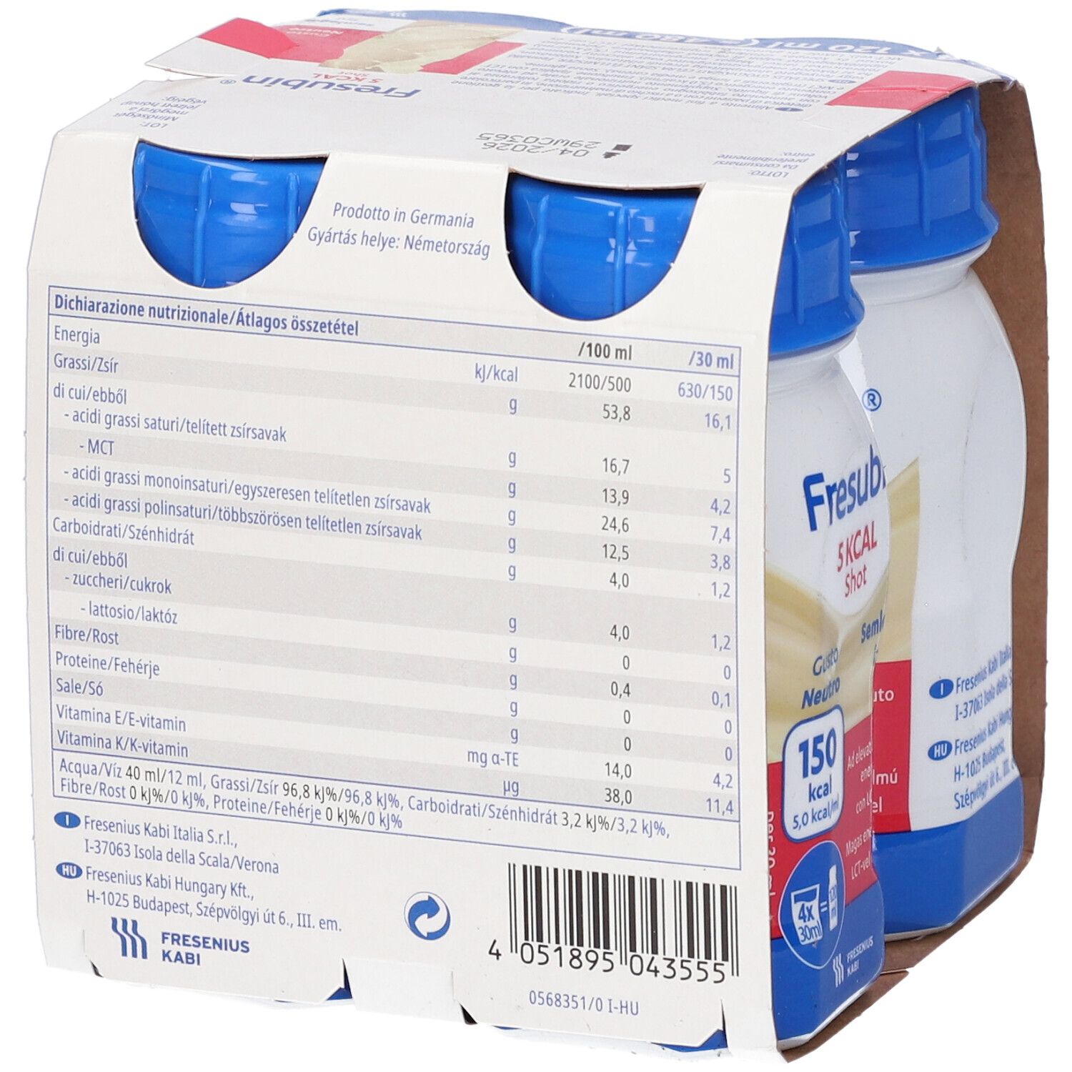 Retro della confezione Fresubin 5 kcal Shot. Contiene informazioni nutrizionali e del produttore.