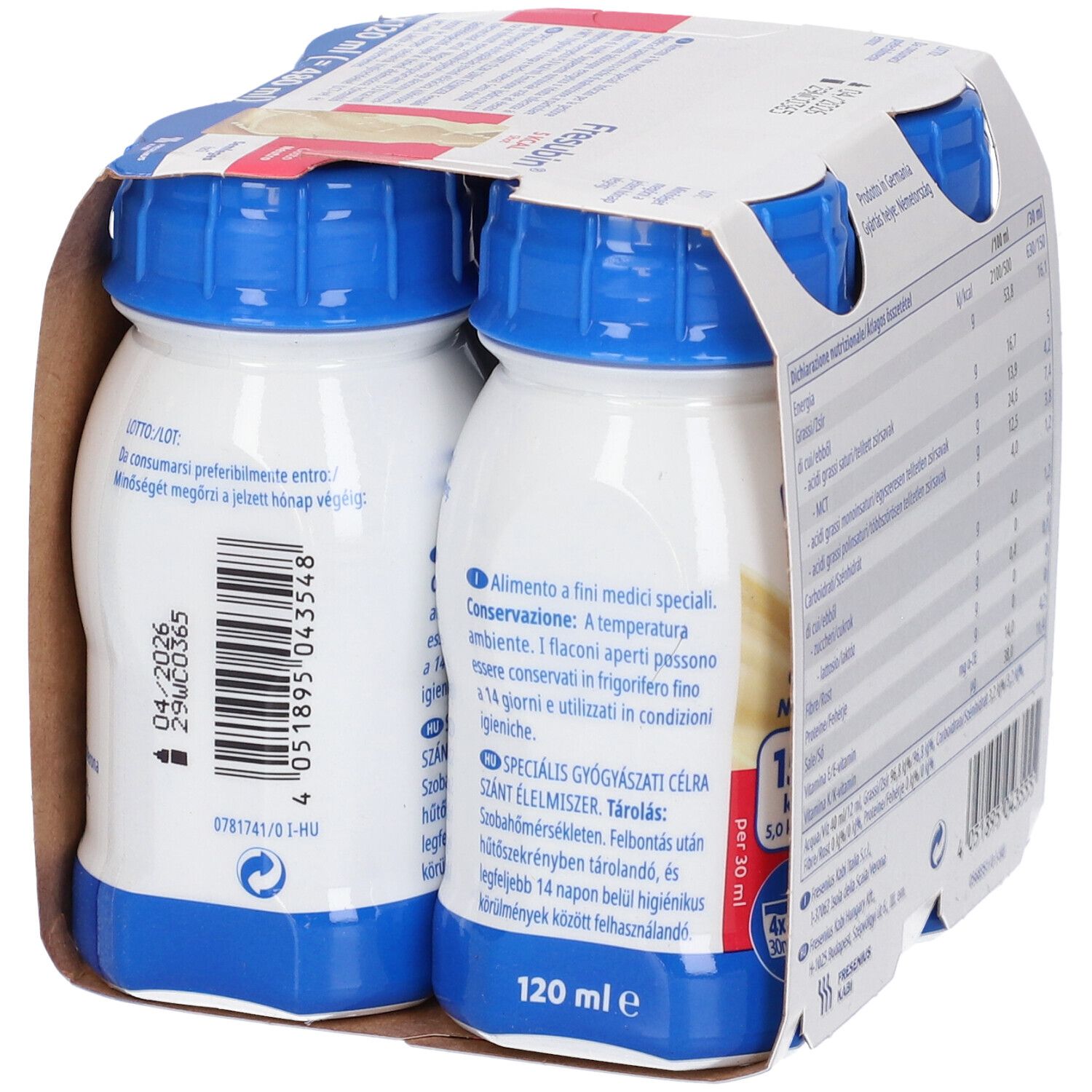 Confezione da due bottiglie Fresubin 5 kcal Shot. Contiene informazioni sull'uso e la conservazione.