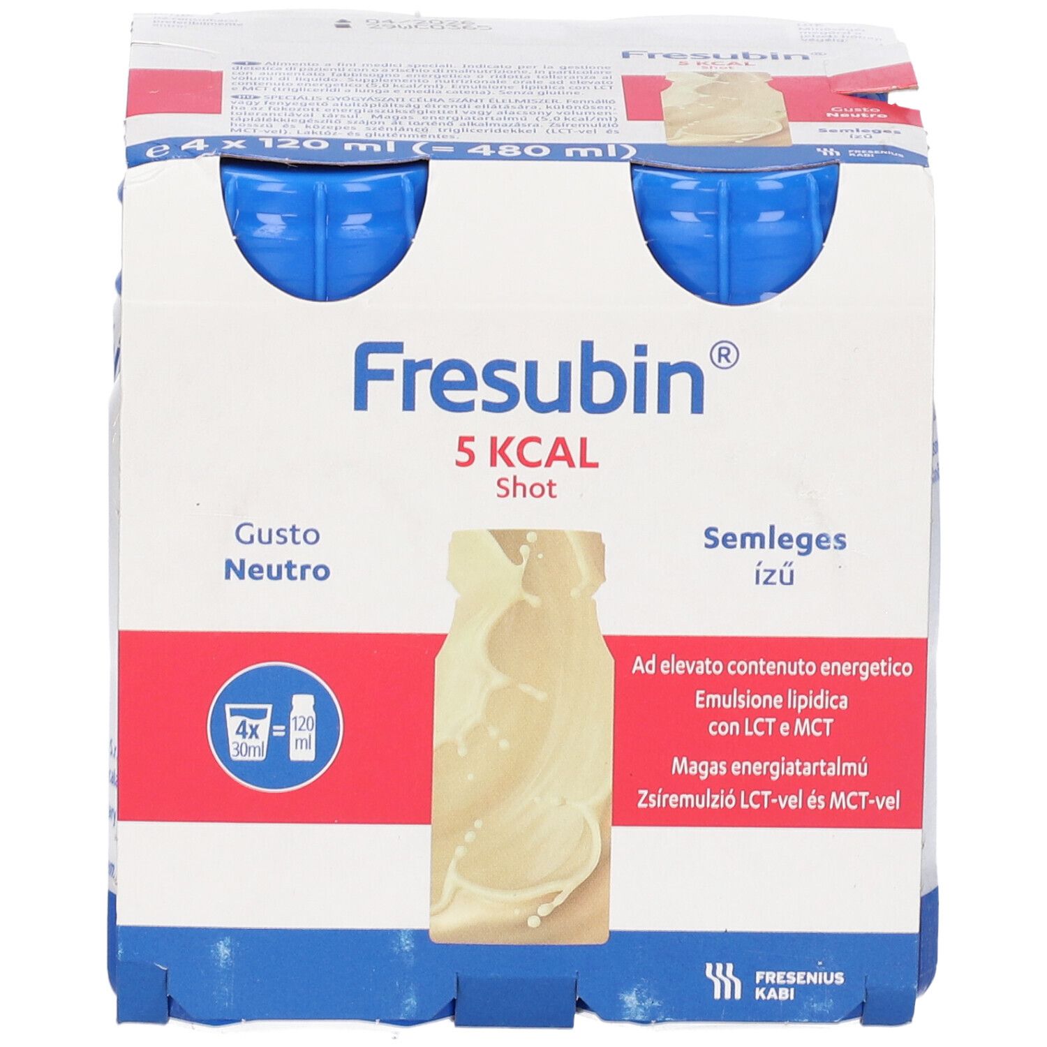 Confezione da quattro bottiglie Fresubin 5 kcal Shot. Tappi blu, bottiglie bianche. Confezione in cartone con informazioni.