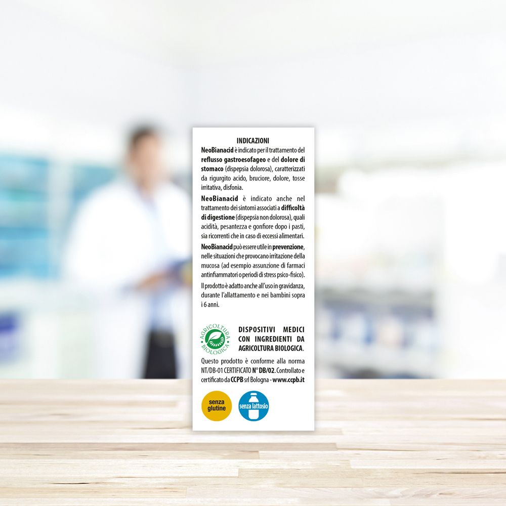 Retro della scatola Neobianacid Compresse. Indicazioni, senza glutine, senza lattosio. Dispositivo medico. Certificazioni.