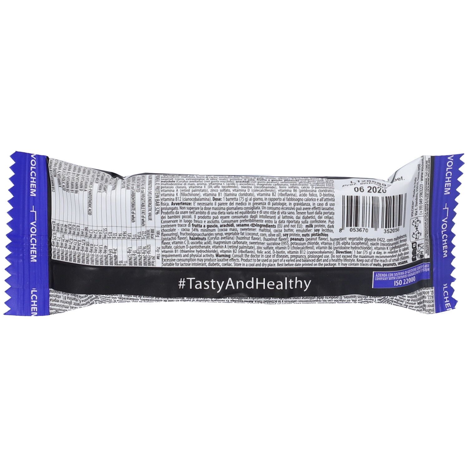 Retro della confezione della barretta proteica. Contiene informazioni sugli ingredienti e sui valori nutrizionali. Con hashtag #TastyAndHealthy.
