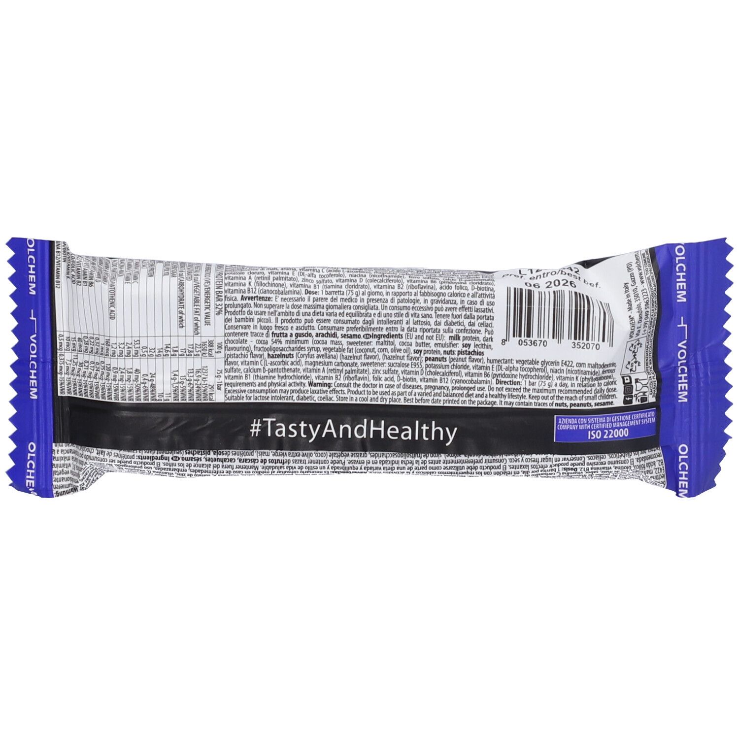 Retro della barretta proteica con testo e codice a barre. Contiene informazioni nutrizionali e hashtag #TastyAndHealthy.