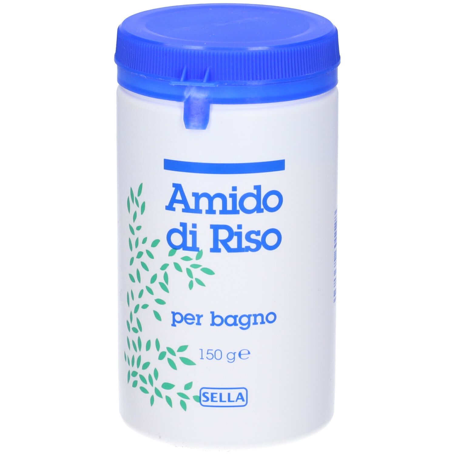 Contenitore bianco con coperchio blu. Scritta: Amido di Riso per bagno. Decorazione foglie verdi. Logo Sella.