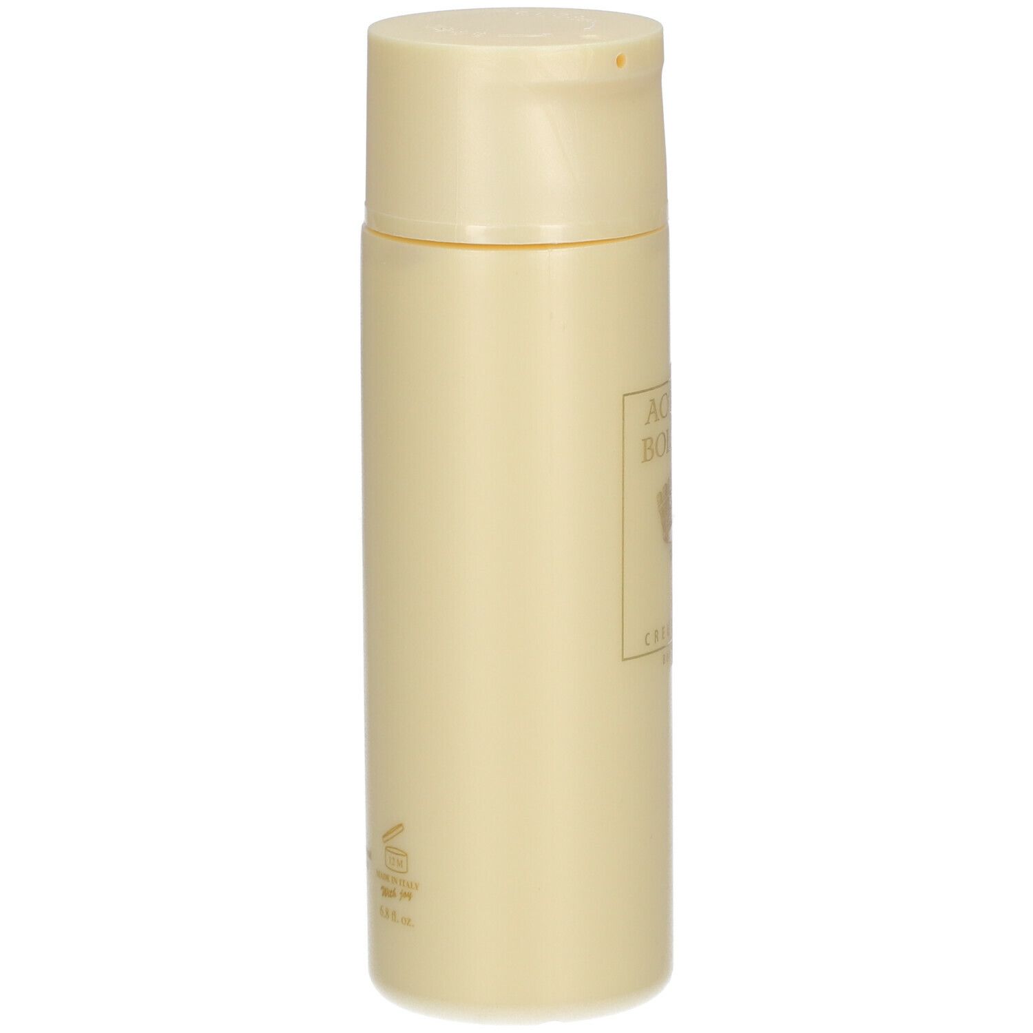 Flacone beige con tappo a ribalta, vista laterale. Nessun altro dettaglio visibile.