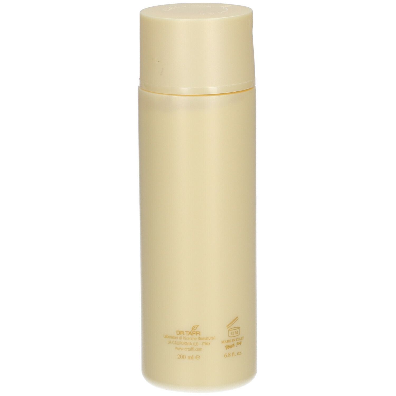 Flacone beige con tappo a ribalta. Scritte e loghi sul retro.