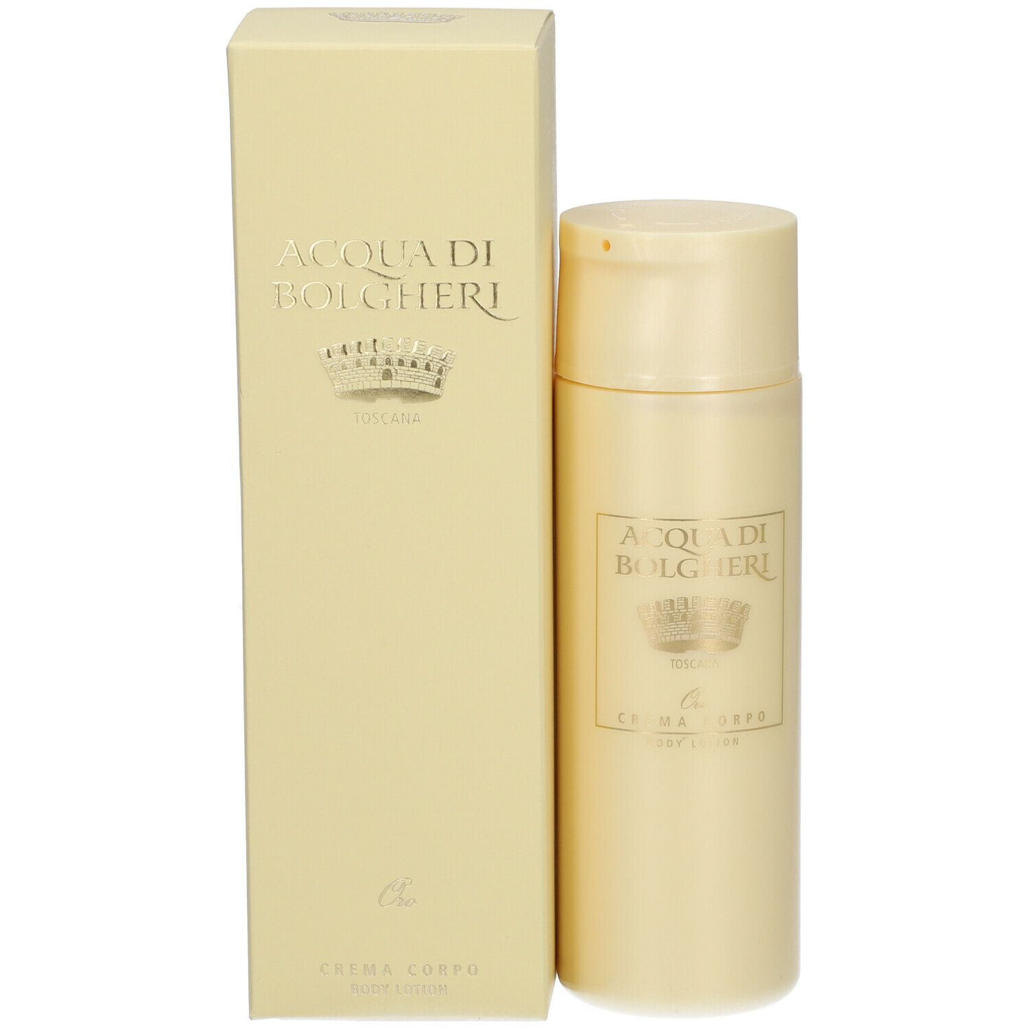 Flacone e confezione beige. Scritta: ACQUA DI BOLGHERI, Oro Crema Corpo.