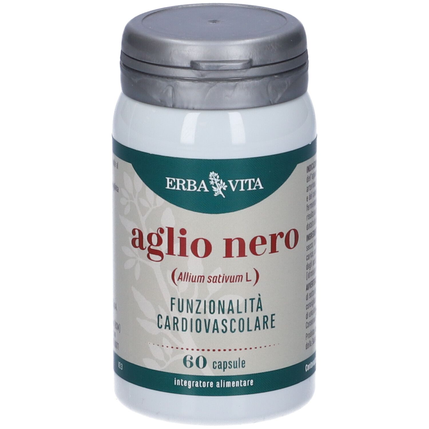Flacone bianco con coperchio argentato. Scritta: Aglio Nero, 60 capsule, Erba Vita. Per la funzione cardiovascolare.