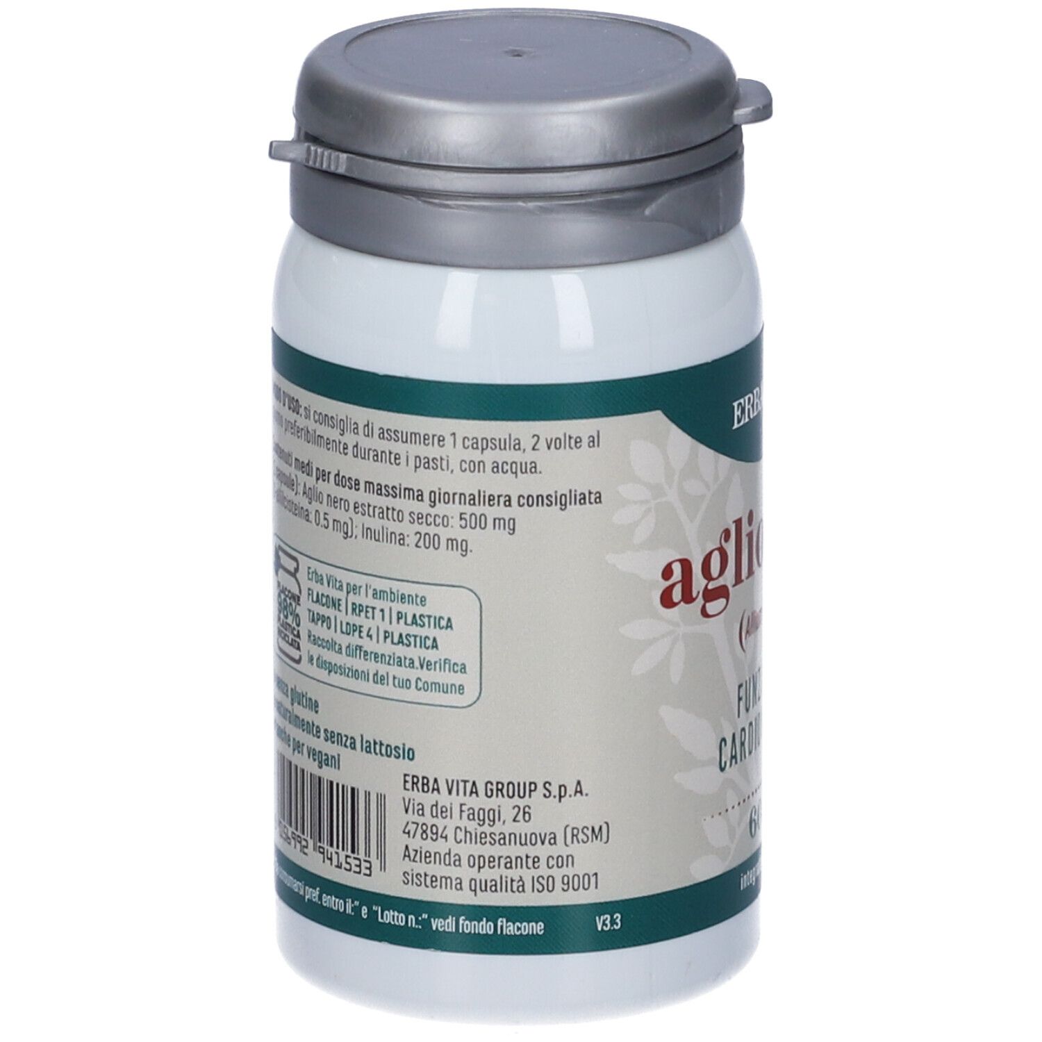 Retro del flacone bianco. Testo: Istruzioni per l'uso, ingredienti, Erba Vita Group, certificazione ISO 9001.