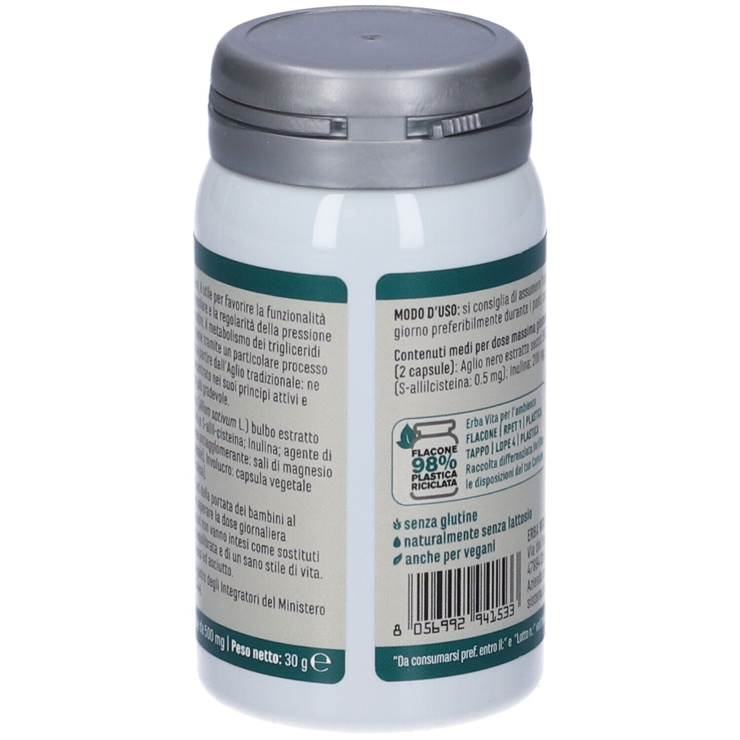 Retro del flacone bianco. Testo: Istruzioni per l'uso, ingredienti, senza glutine, vegano.