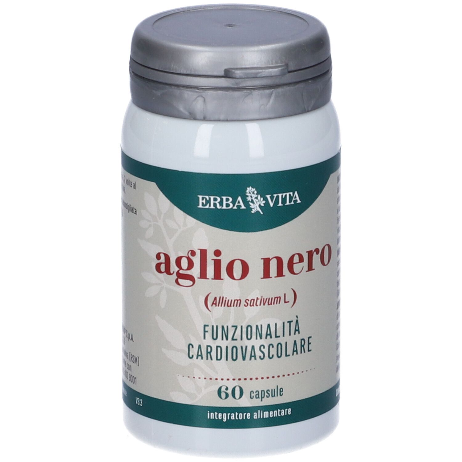 Flacone bianco con coperchio argentato. Scritta: Aglio Nero, 60 capsule, Erba Vita. Per la funzione cardiovascolare.