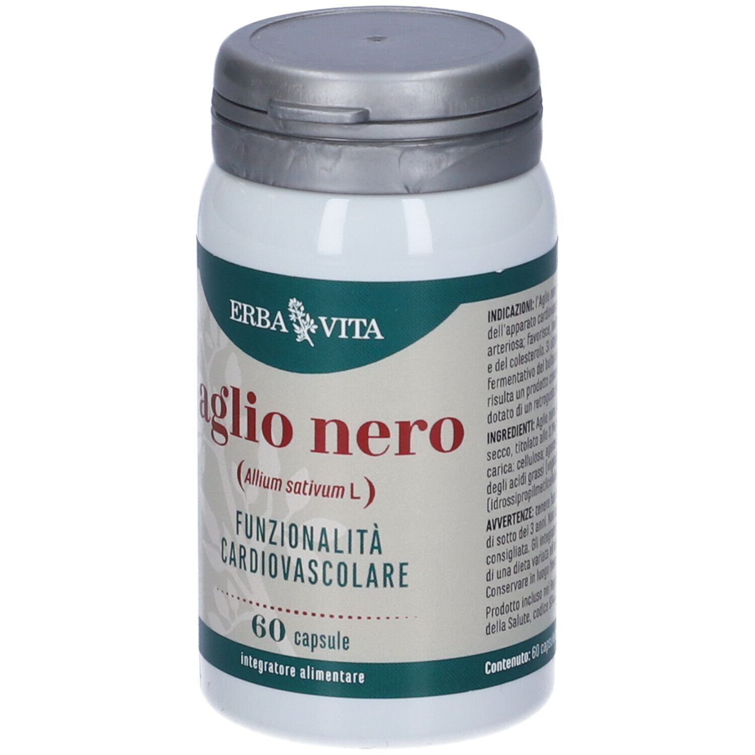 Flacone bianco con coperchio argentato. Scritta: Aglio Nero, 60 capsule, Erba Vita. Per la funzione cardiovascolare.