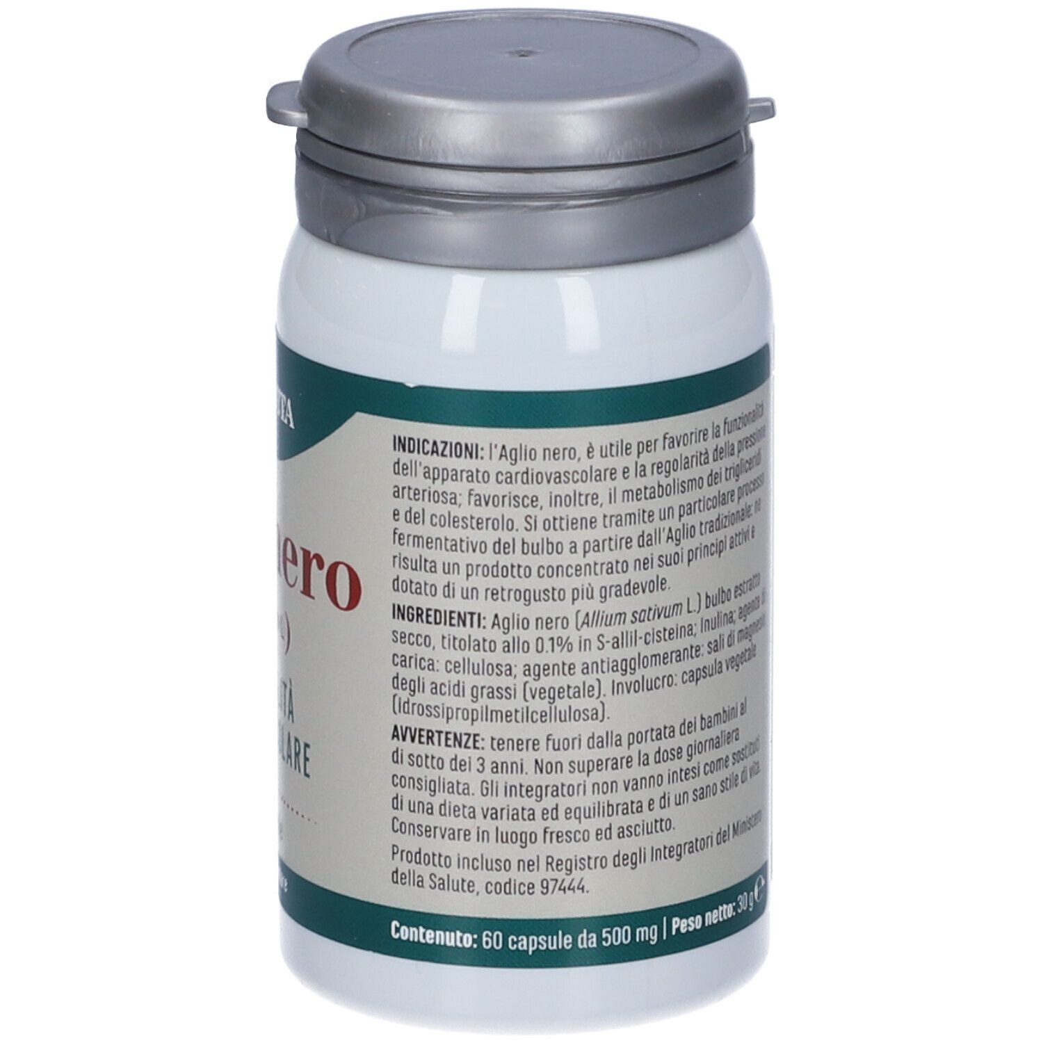Flacone bianco con coperchio argentato. Scritta: Aglio Nero, 60 capsule, Erba Vita. Per la funzione cardiovascolare.