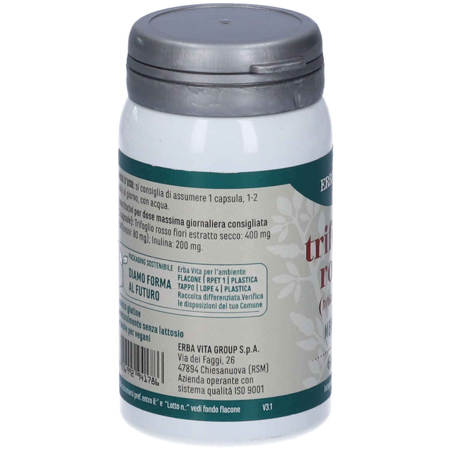 Retro del flacone bianco. Informazioni testuali e codice a barre. Marchio: Erba Vita. Dettagli della composizione.