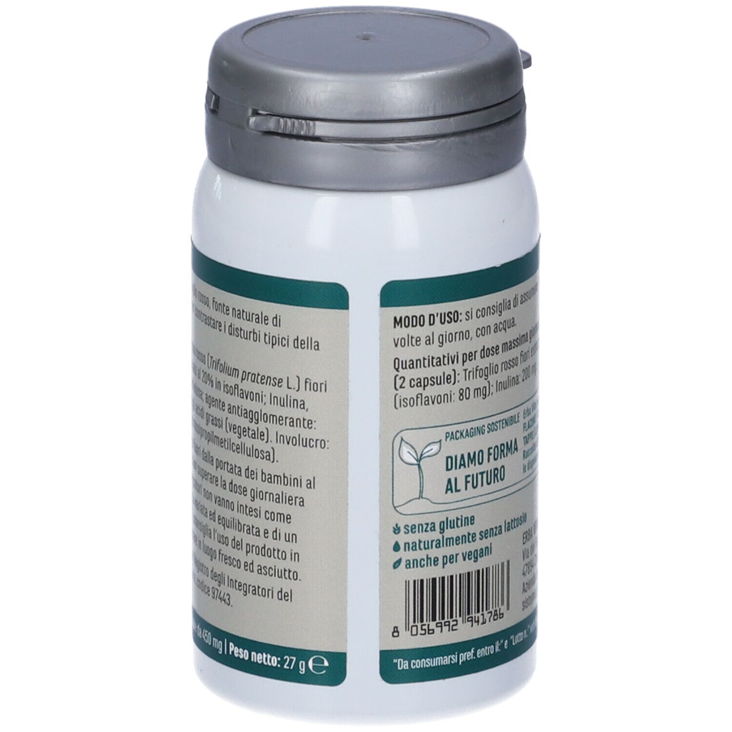 Retro del flacone bianco. Informazioni testuali e logo. Dettagli degli ingredienti e dell'uso.