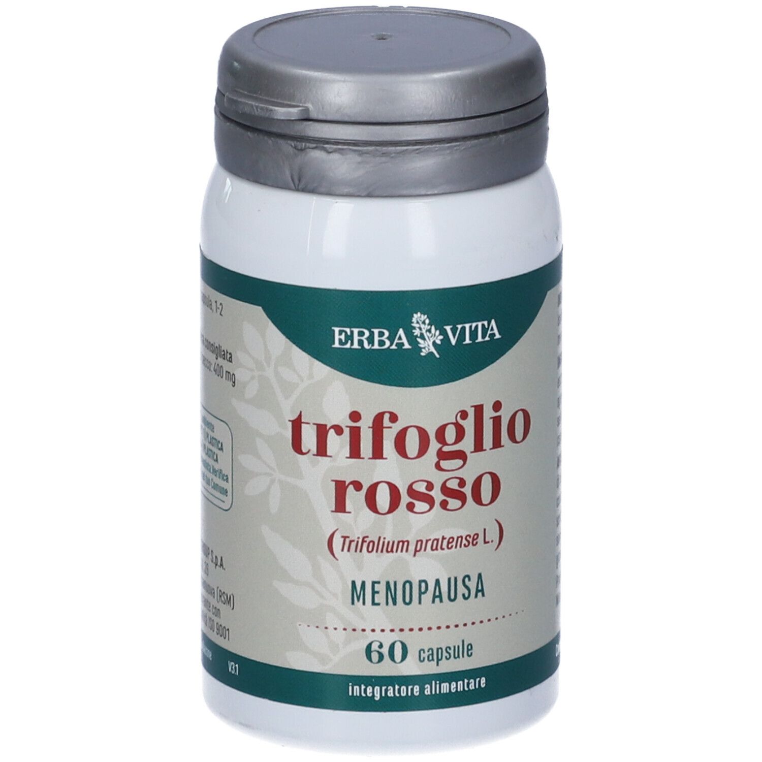 Flacone bianco con etichetta rossa. Scritta: Trifoglio Rosso, Menopausa, 60 capsule. Marchio: Erba Vita.
