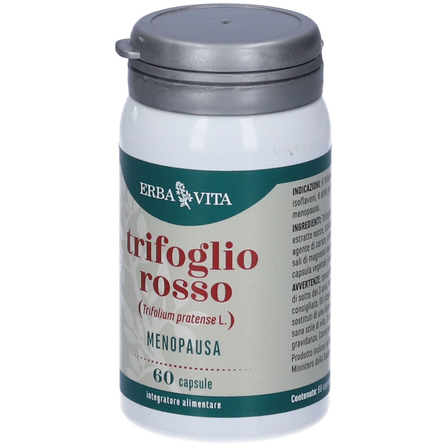 Flacone bianco con etichetta rossa. Scritta: Trifoglio Rosso, Menopausa, 60 capsule. Marchio: Erba Vita.