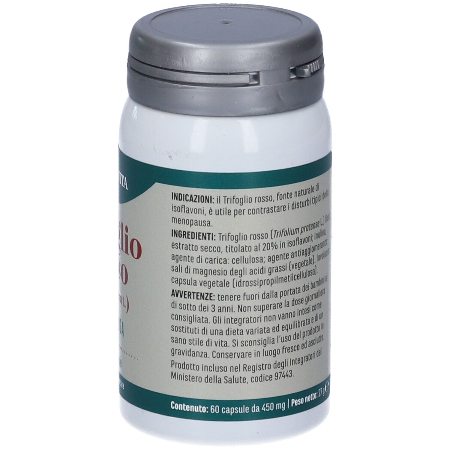Flacone bianco con etichetta rossa. Scritta: Trifoglio Rosso, Menopausa, 60 capsule. Marchio: Erba Vita.