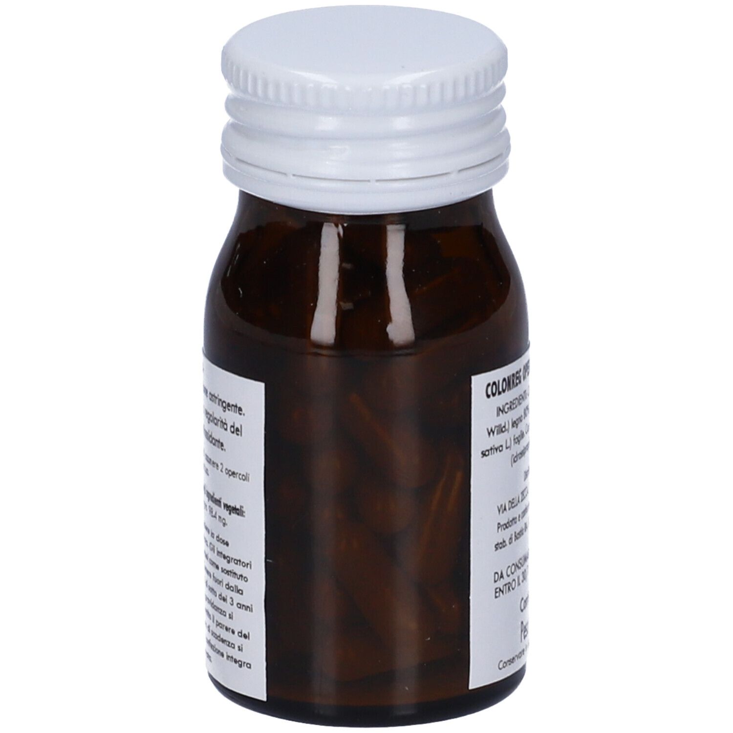 Flacone di vetro marrone con tappo bianco. Capsule visibili all'interno.