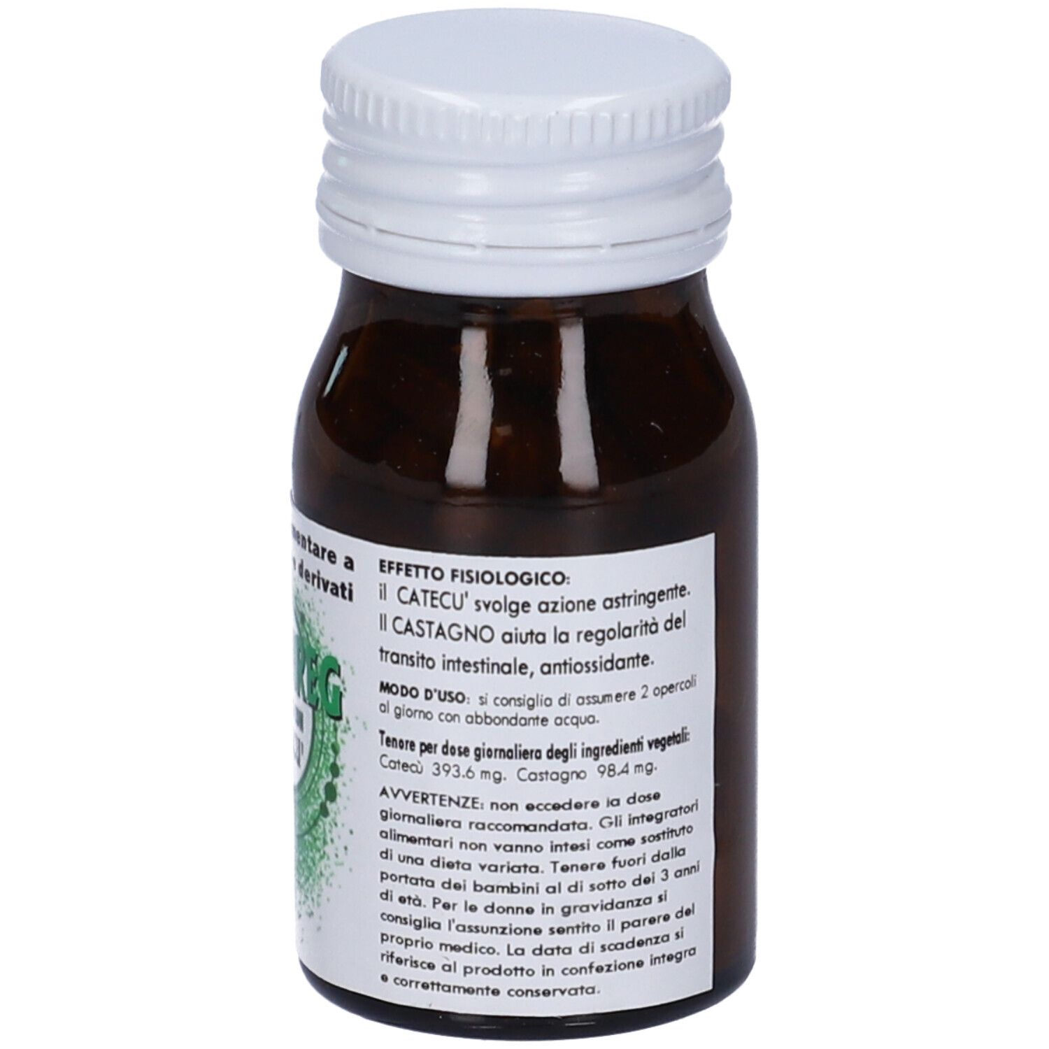 Flacone di vetro marrone con tappo bianco. Scritta: Colonreg, Opercoli con Catecu'.