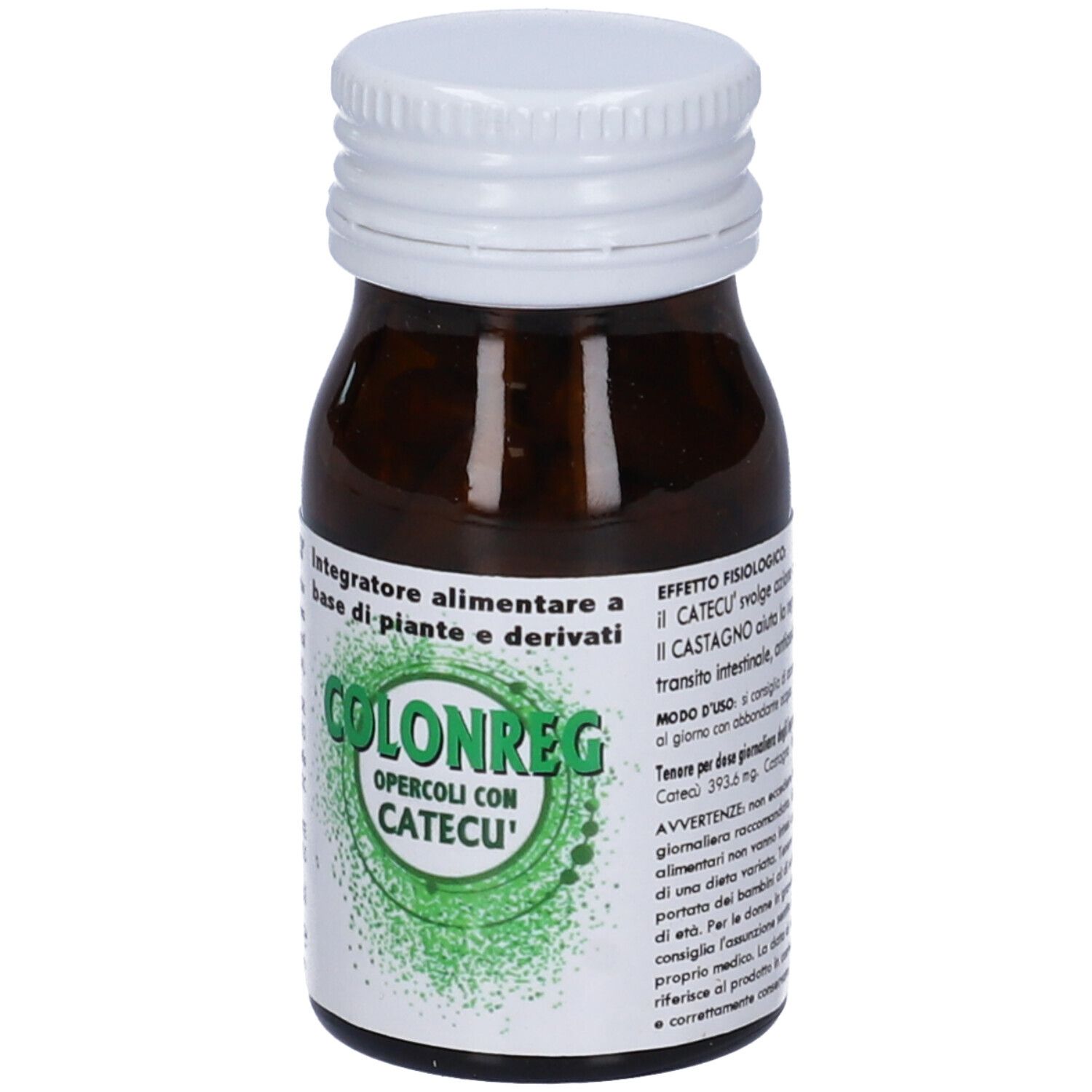 Flacone di vetro marrone con tappo bianco. Scritta: Colonreg, Opercoli con Catecu'.