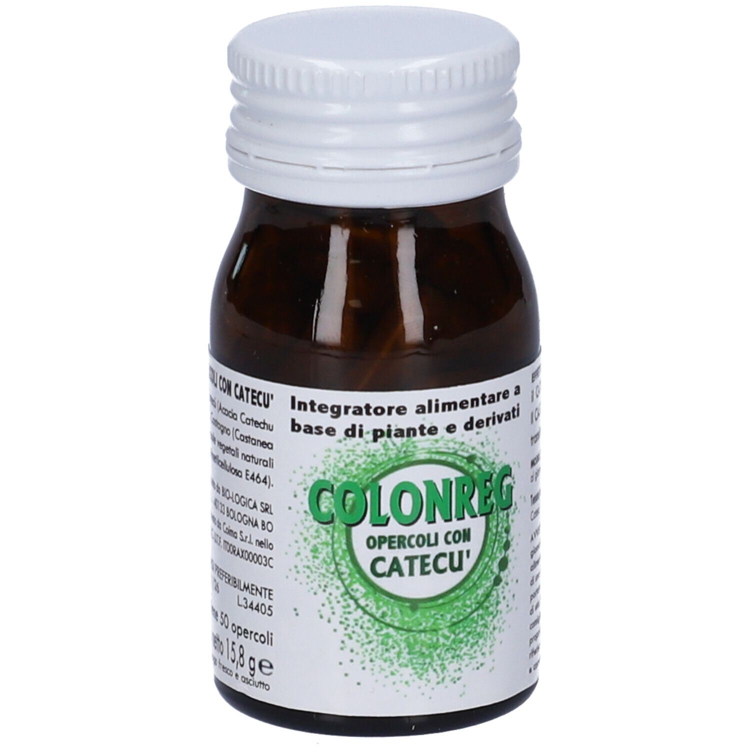Flacone di vetro marrone con tappo bianco. Scritta: Colonreg, Opercoli con Catecu'.