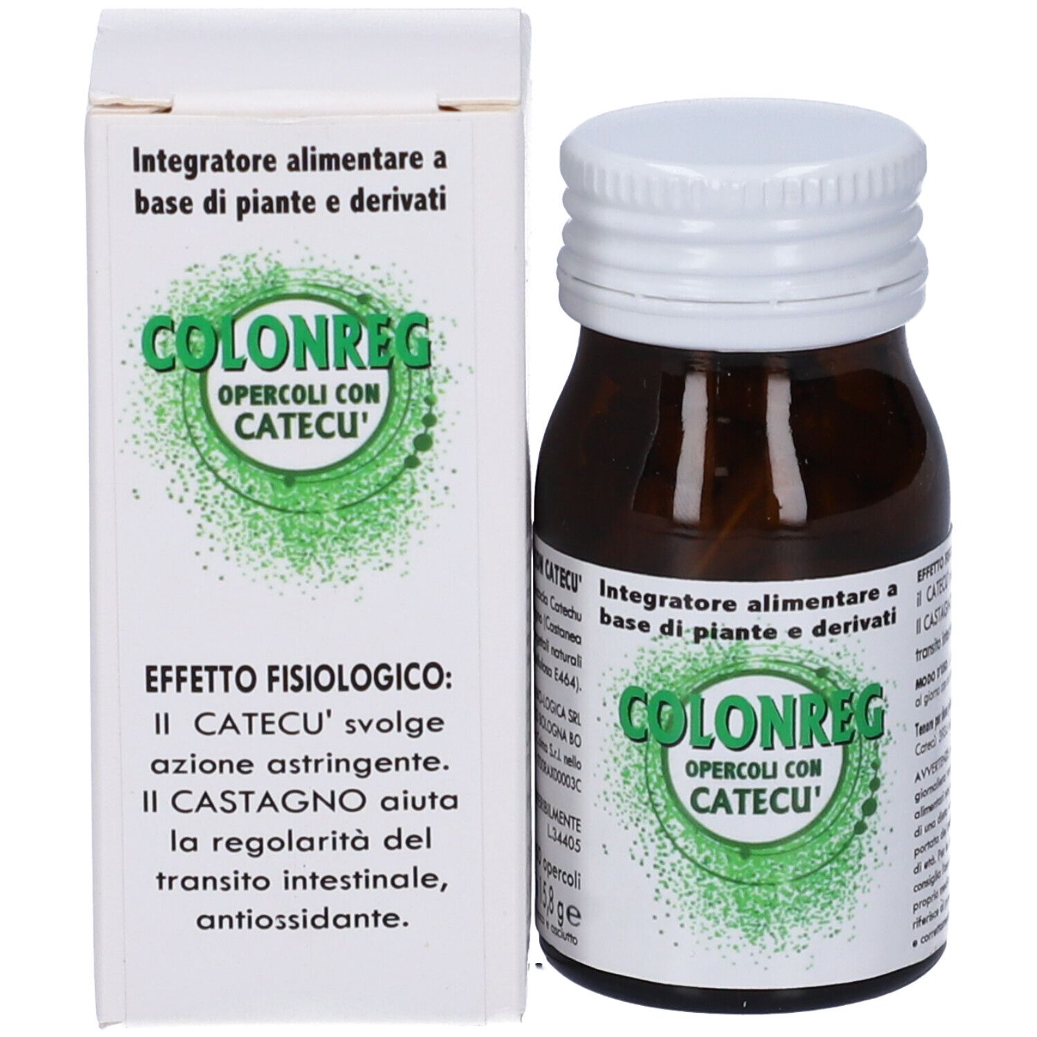 Flacone di vetro marrone e scatola. Scritta: Colonreg, Opercoli con Catecu'.