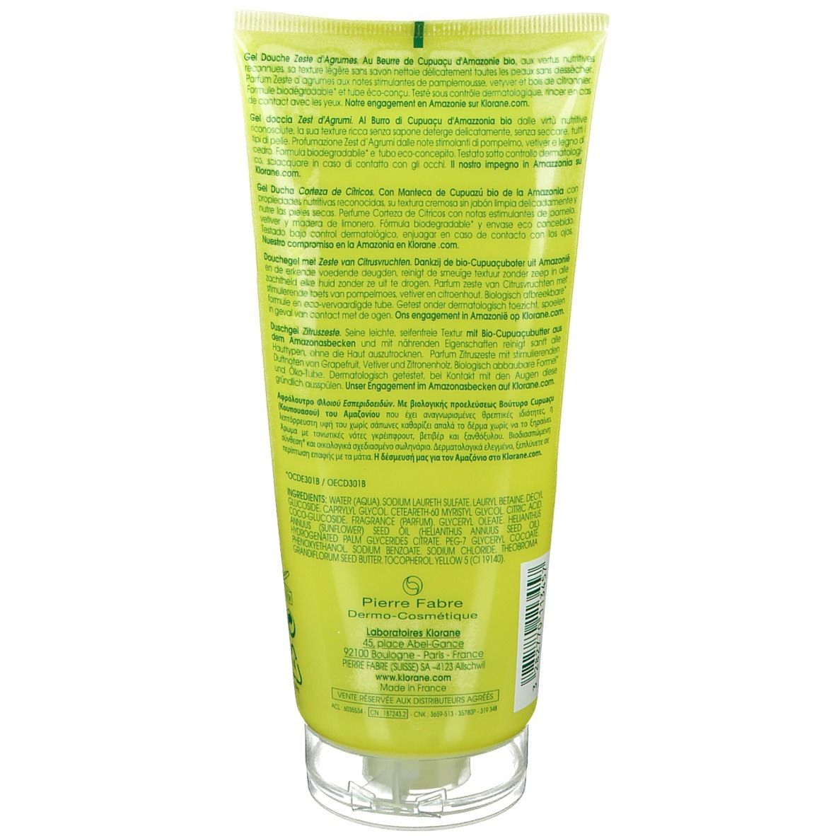 Retro del tubo di gel doccia Klorane. Informazioni testuali multilingue, tappo trasparente.